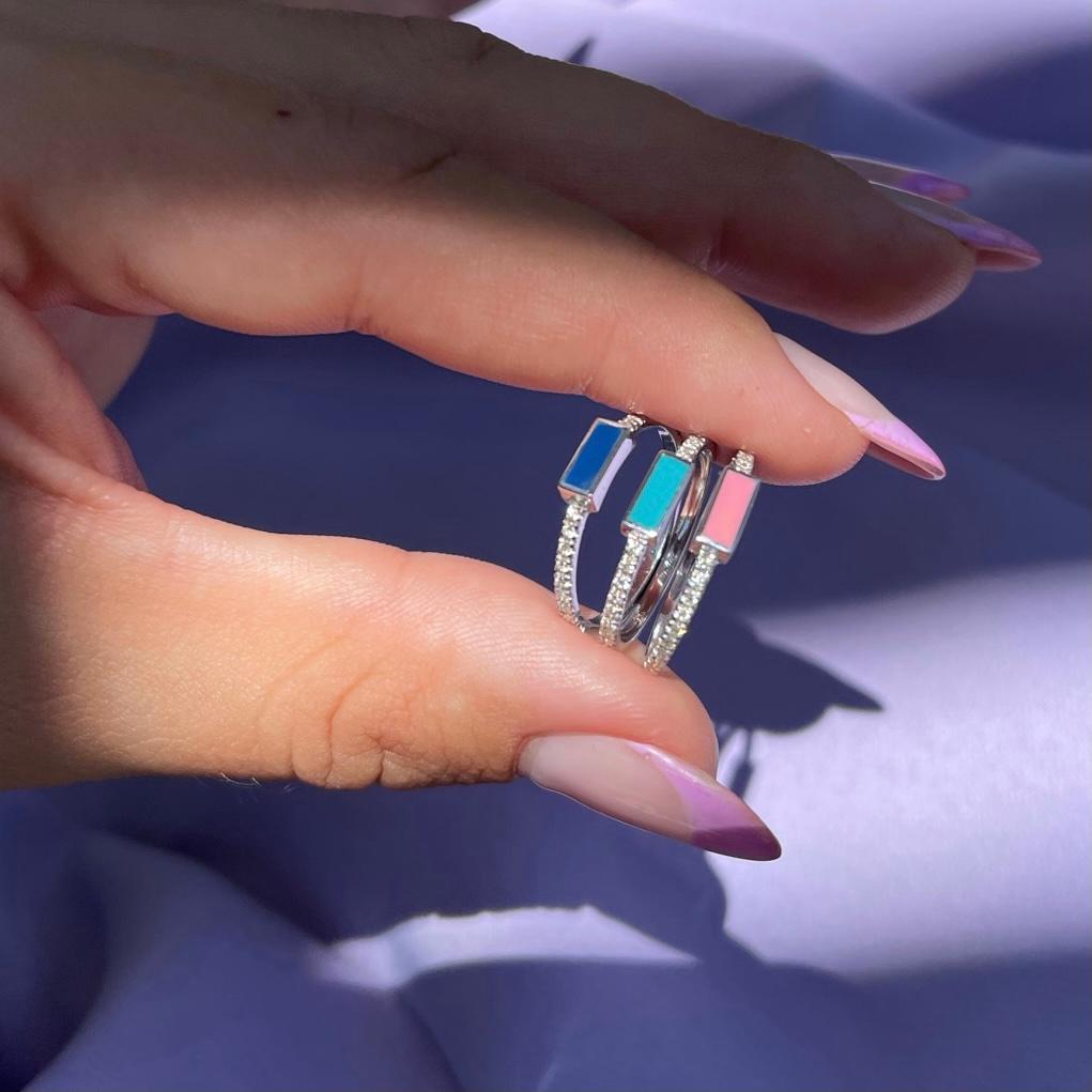 For Sale:  14K White Gold Pave Diamond Pink Enamel Rectangle Ring, Shlomit Rogel 7