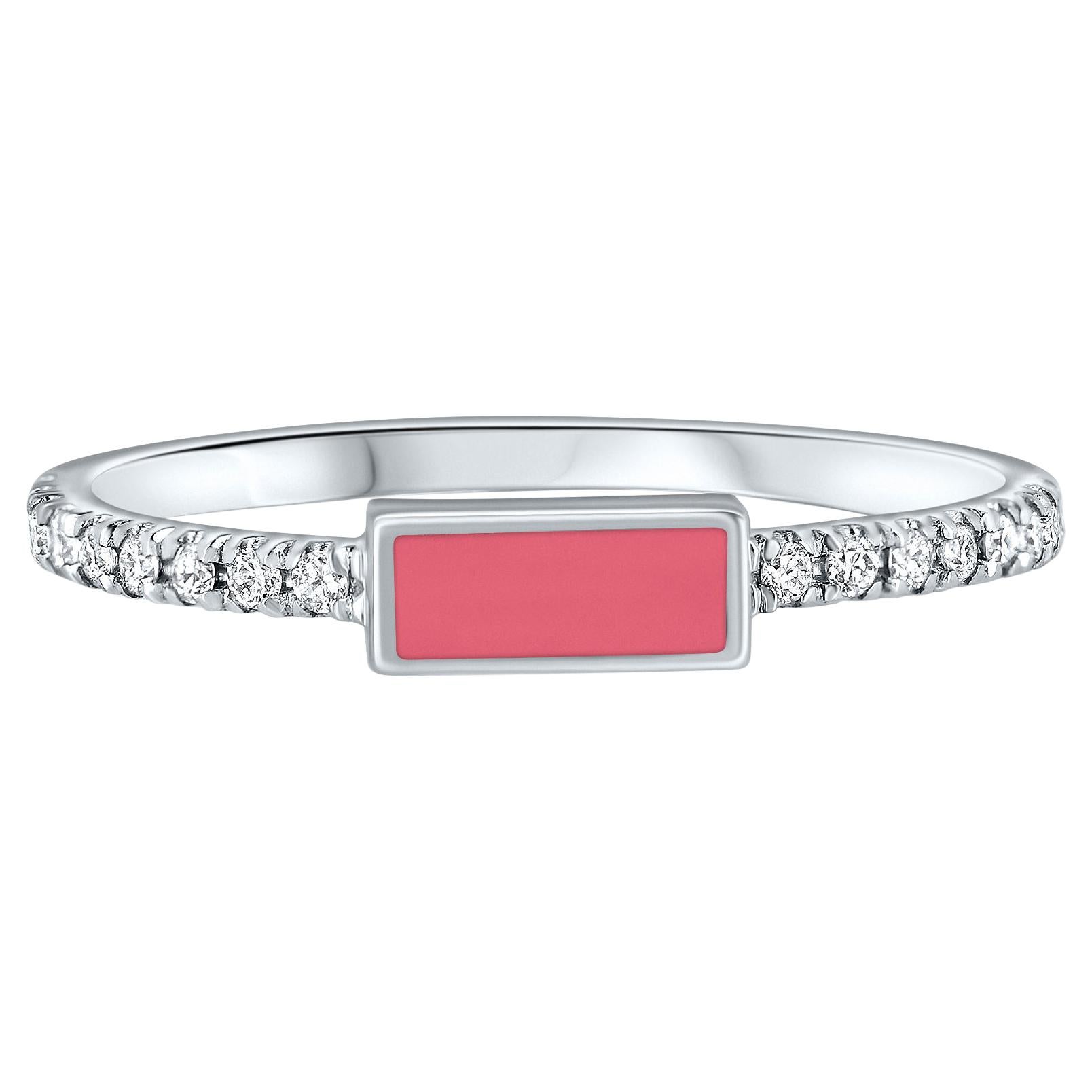 For Sale:  14K White Gold Pave Diamond Pink Enamel Rectangle Ring, Shlomit Rogel