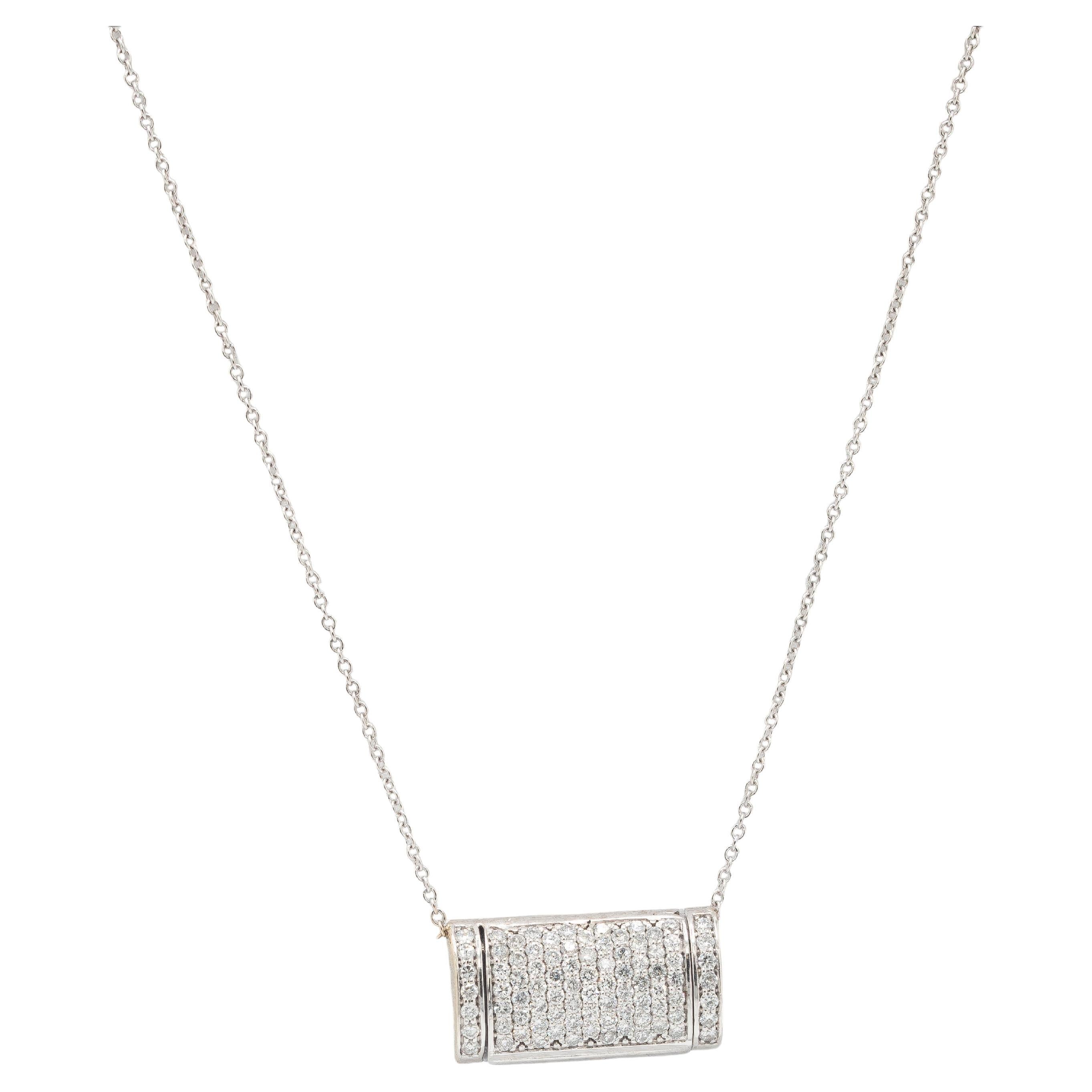 14K White Gold Pavé Diamond Rectangular Clasp Pendant Necklace