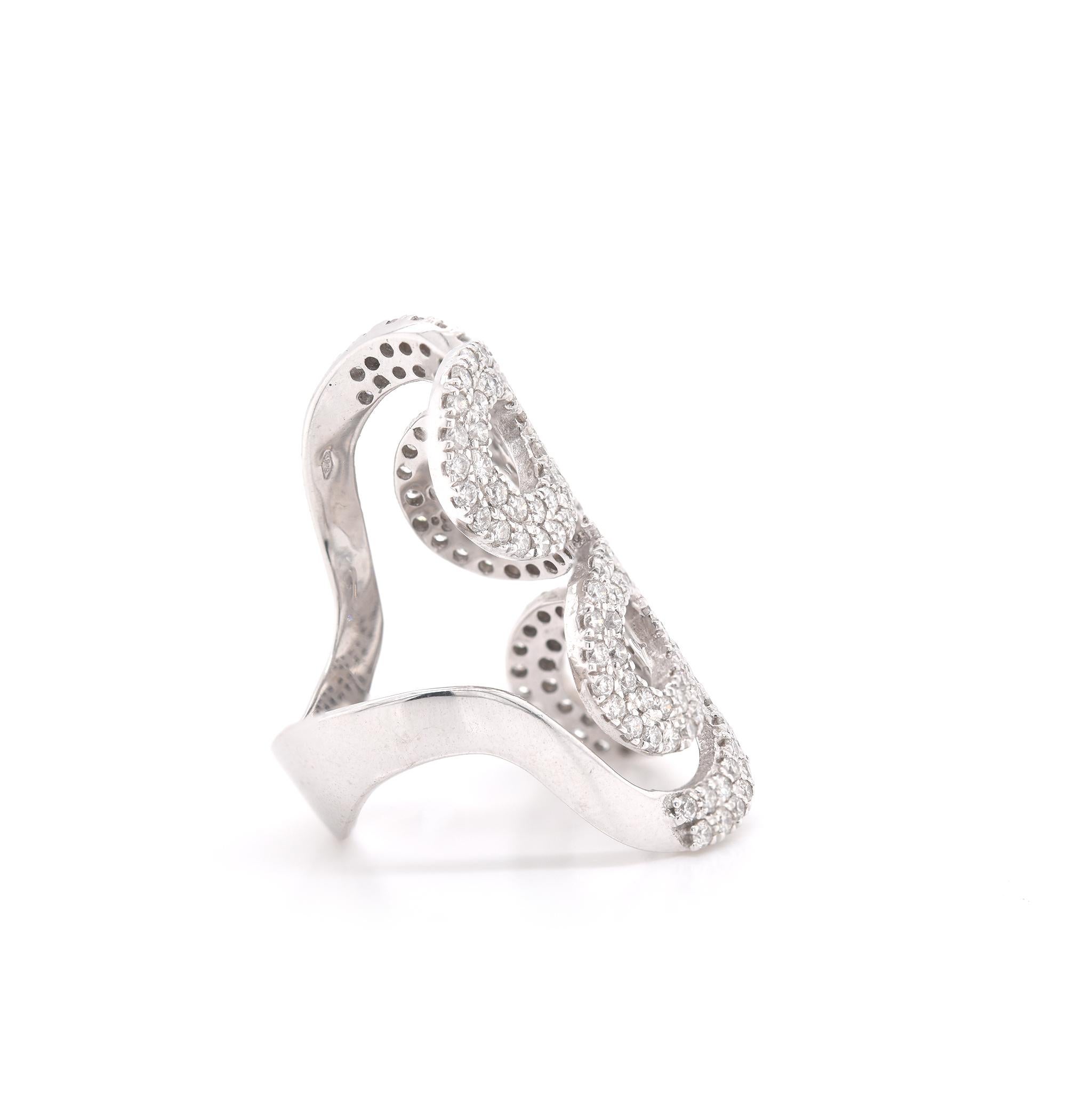 Round Cut 14 Karat White Gold Pave Diamond Swirl Ring For Sale