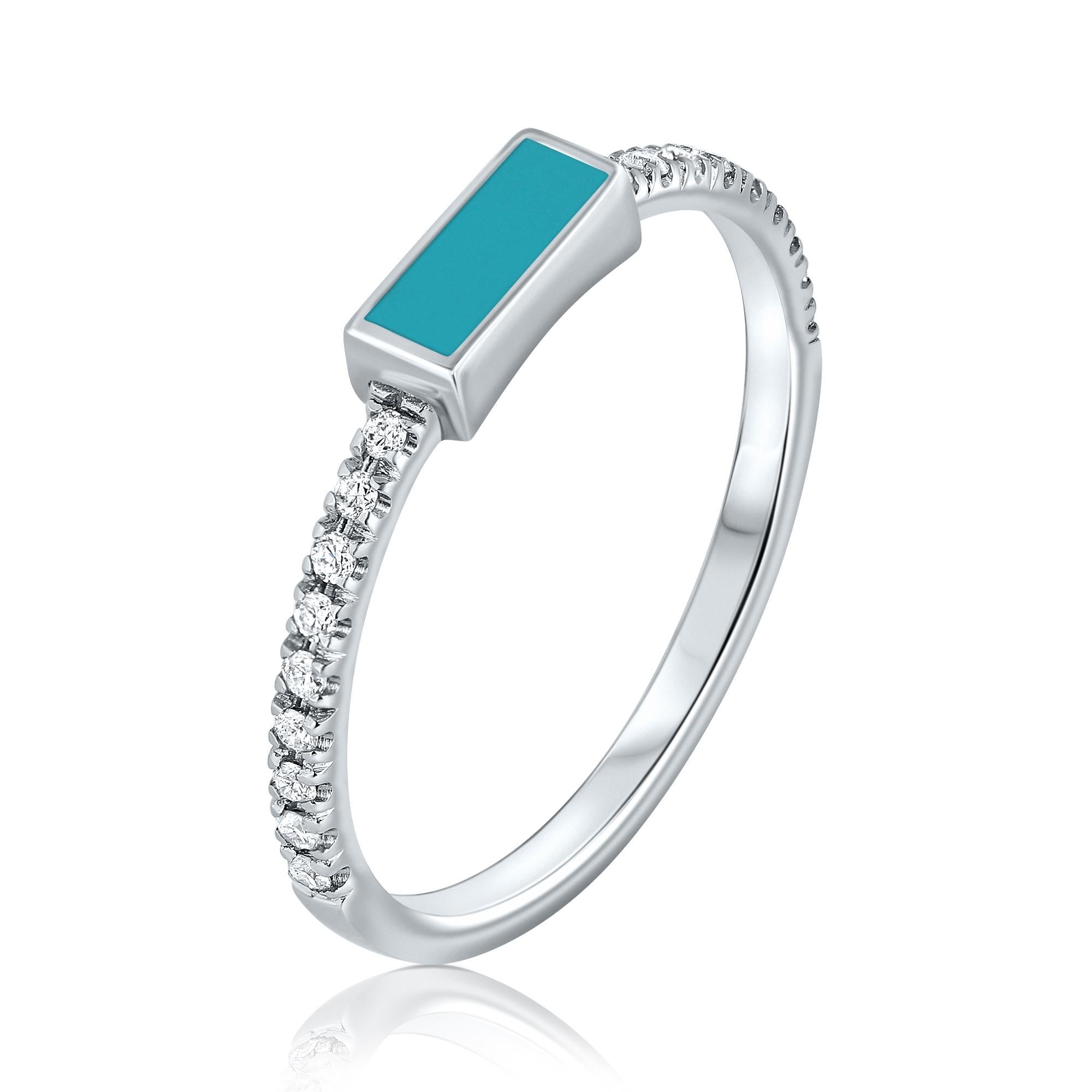 For Sale:  14K White Gold Pave Diamond Turquoise Enamel Rectangle Ring, Shlomit Rogel 2