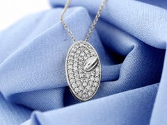 14K White Gold Pave Round Cut Diamond Oval Shield Pendant Necklace