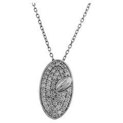 14K White Gold Pave Round Cut Diamond Oval Shield Pendant Necklace