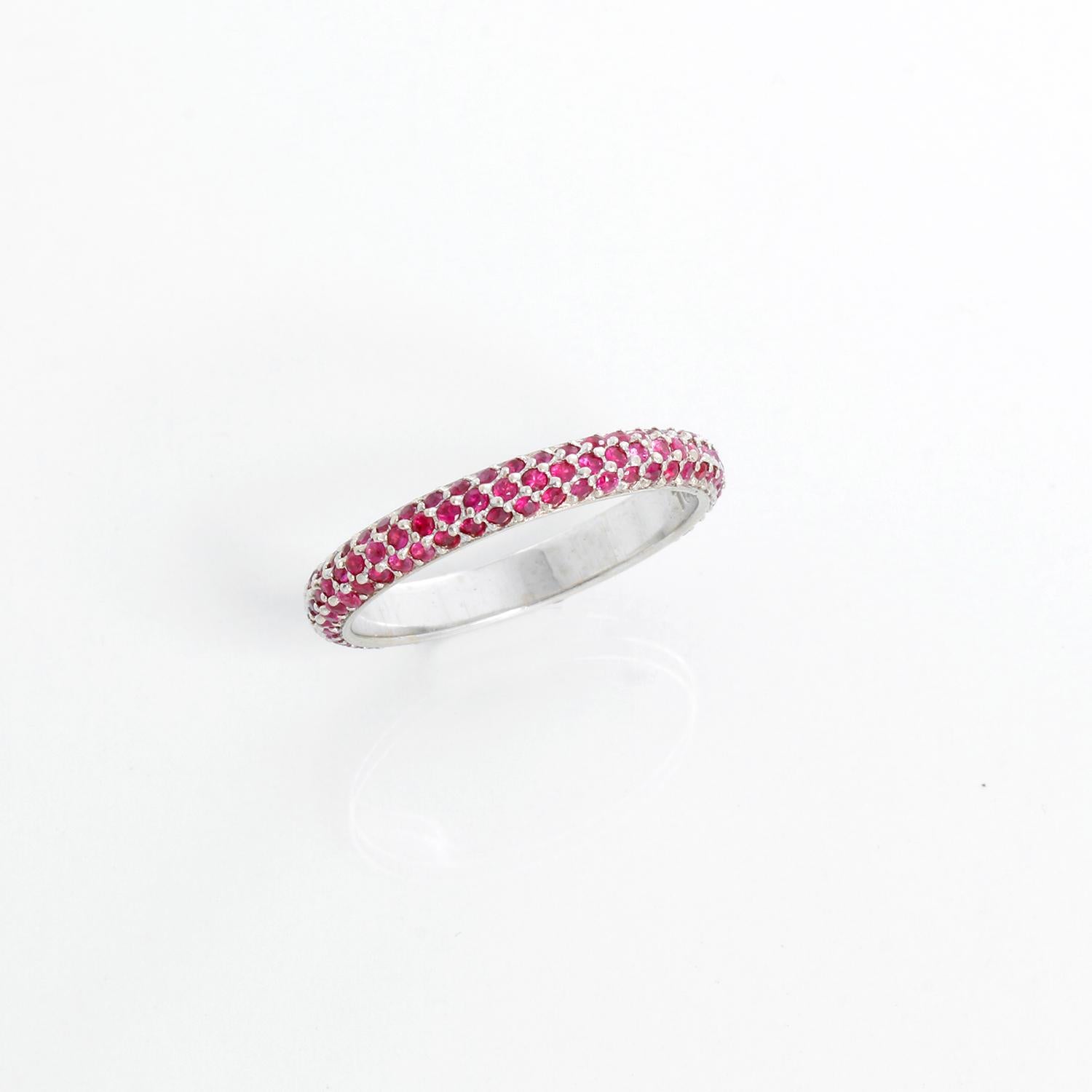 14K White Gold Pave Ruby Band Size 7  - Three row or pave set rubies. Size 7. Cannot be resized. Hallmarked 18K.