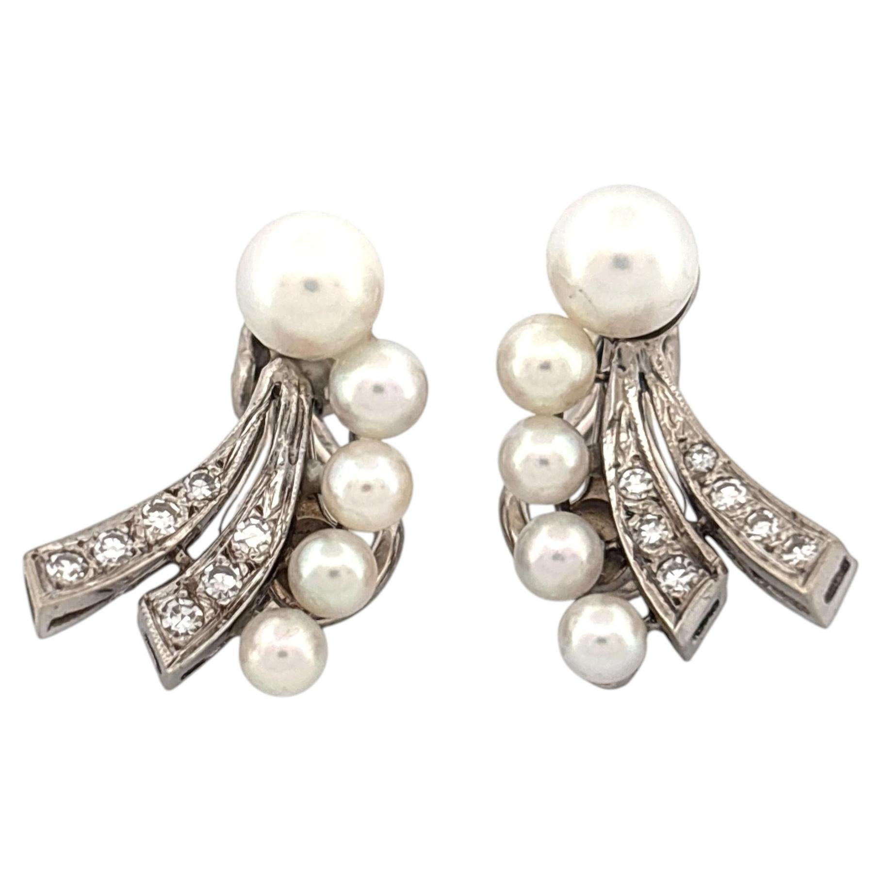 14K White Gold Peal and Diamond Clip On Earrings 0.25ctw