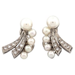 14K White Gold Peal and Diamond Clip On Earrings 0.25ctw