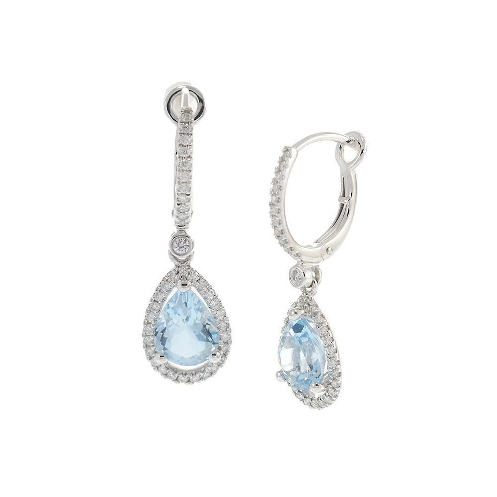 Taglio a goccia Orecchini a goccia con pera, acquamarina e diamante in oro bianco 14K in vendita