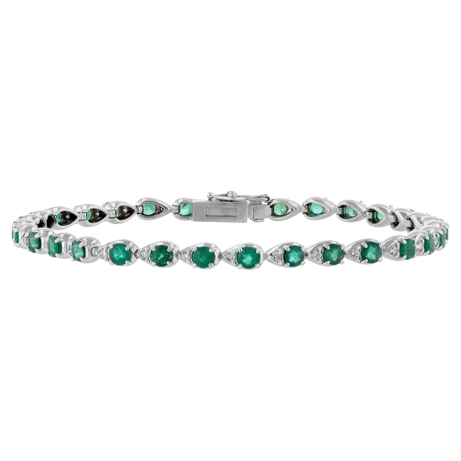 14K White Gold Pear Bezel Emerald Diamond Bracelet, 3.63 Carat