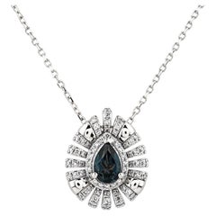 14K White Gold Pear Blue Topaz & Diamond Halo Pendant Necklace