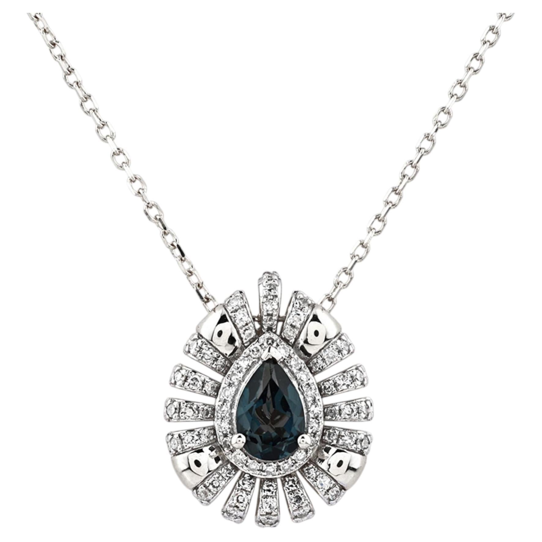 14K White Gold Pear Blue Topaz & Diamond Halo Pendant Necklace