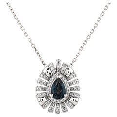 14K White Gold Pear Blue Topaz & Diamond Halo Pendant Necklace