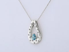 14K White Gold Pear Blue Topaz & Diamond Pendant Necklace