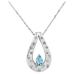 14K White Gold Pear Blue Topaz & Diamond Pendant Necklace