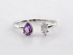 14K White Gold Pear Cut Amethyst and Marquise Diamond Open Cuff Ring