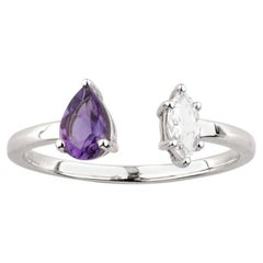 14K White Gold Pear Cut Amethyst and Marquise Diamond Open Cuff Ring