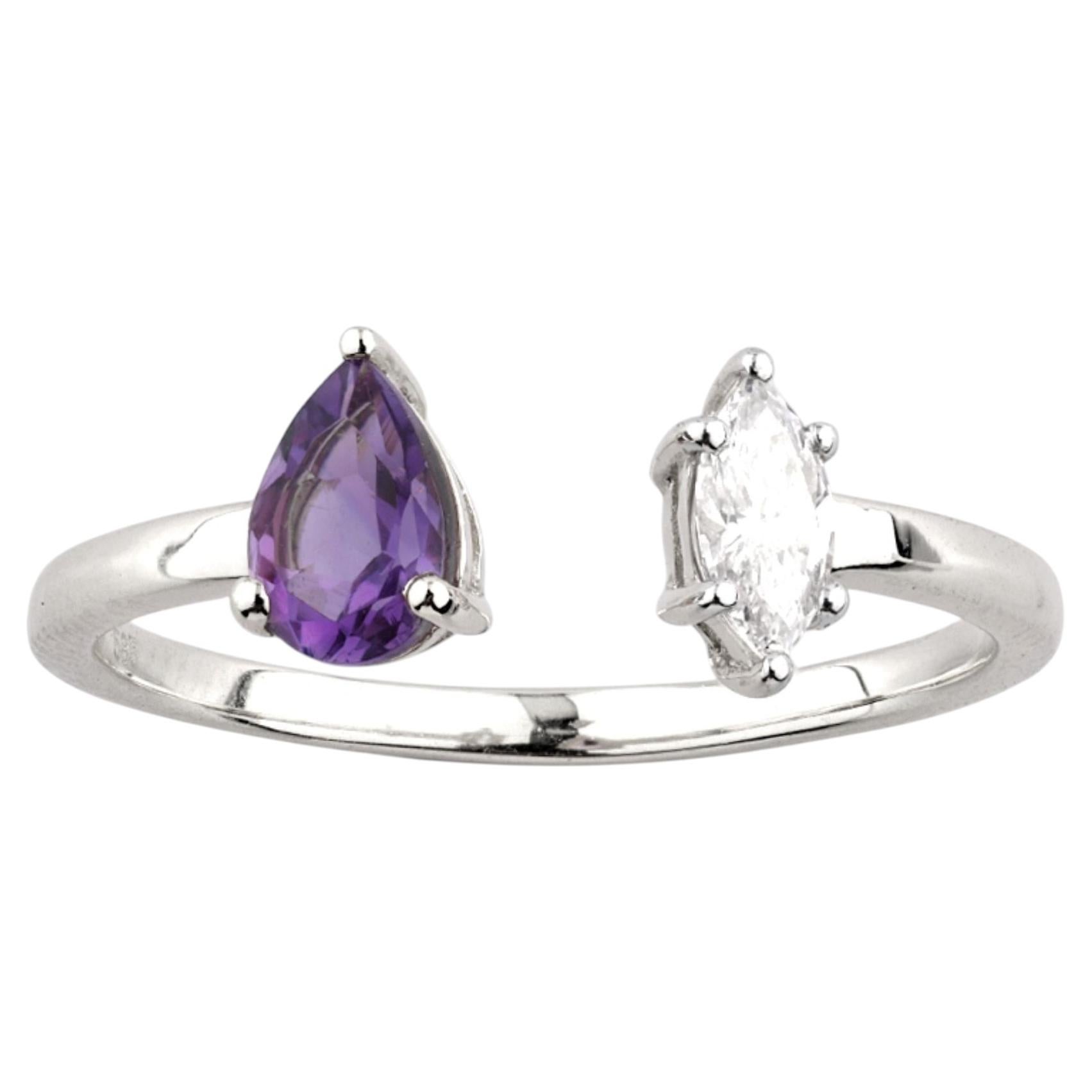 14K White Gold Pear Cut Amethyst and Marquise Diamond Open Cuff Ring For Sale