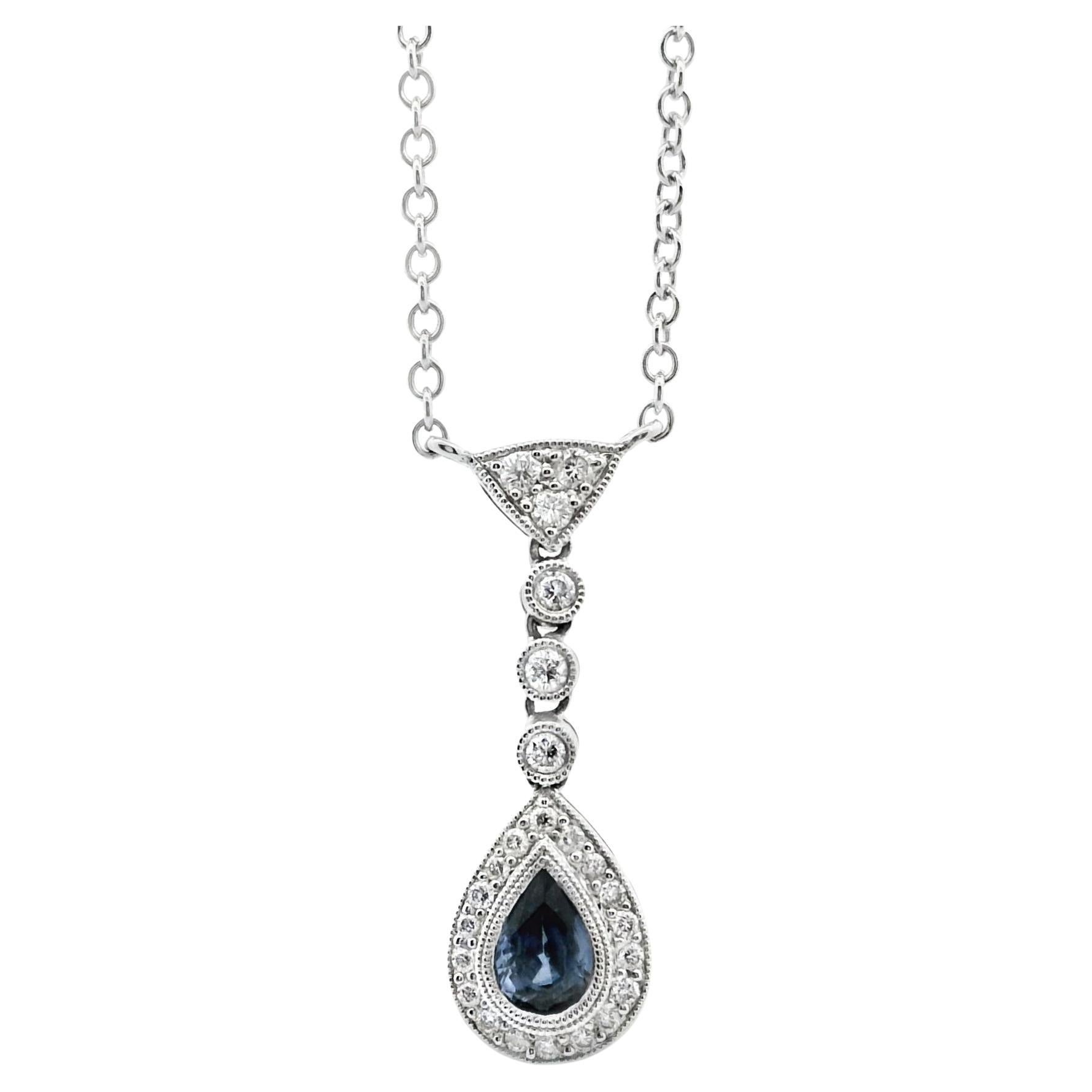 14k Weißgold Birnenschliff ca. 0,45ct Saphir-Anhänger mit Diamant im Angebot