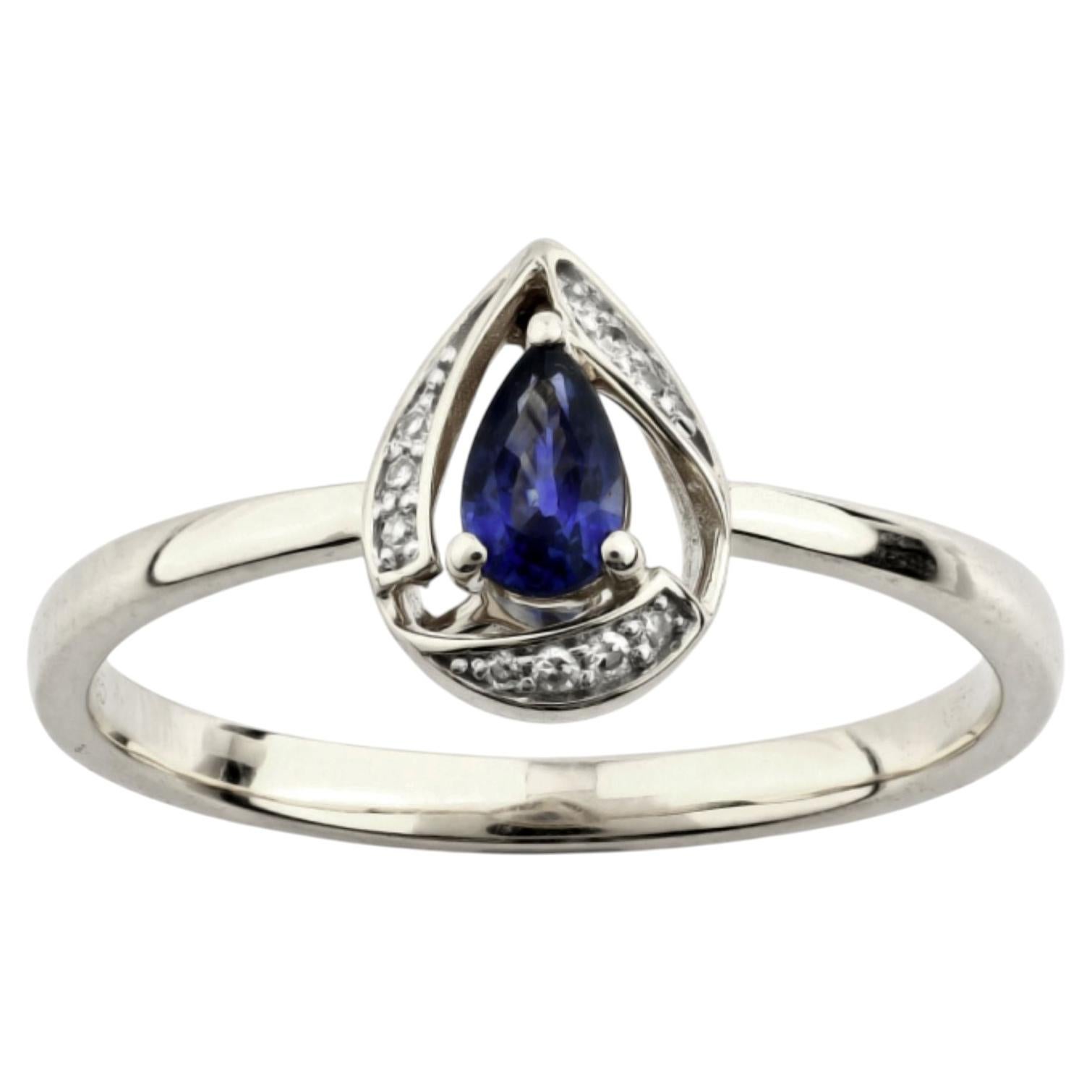 14K White Gold Pear-Cut Blue Sapphire and Diamond Teardrop Ring For Sale