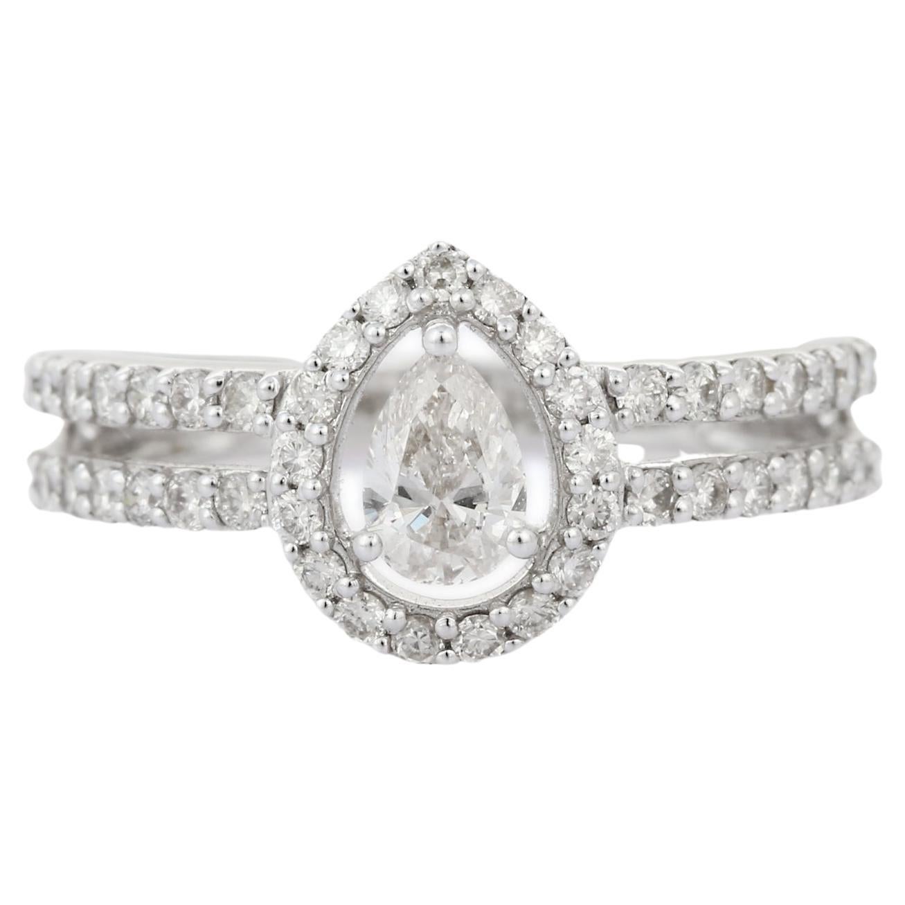 For Sale:  14K White Gold Pear Diamond Halo Engagement Ring