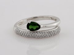 14K White Gold Pear Cut Green Emerald & Round Diamond Bypass Ring