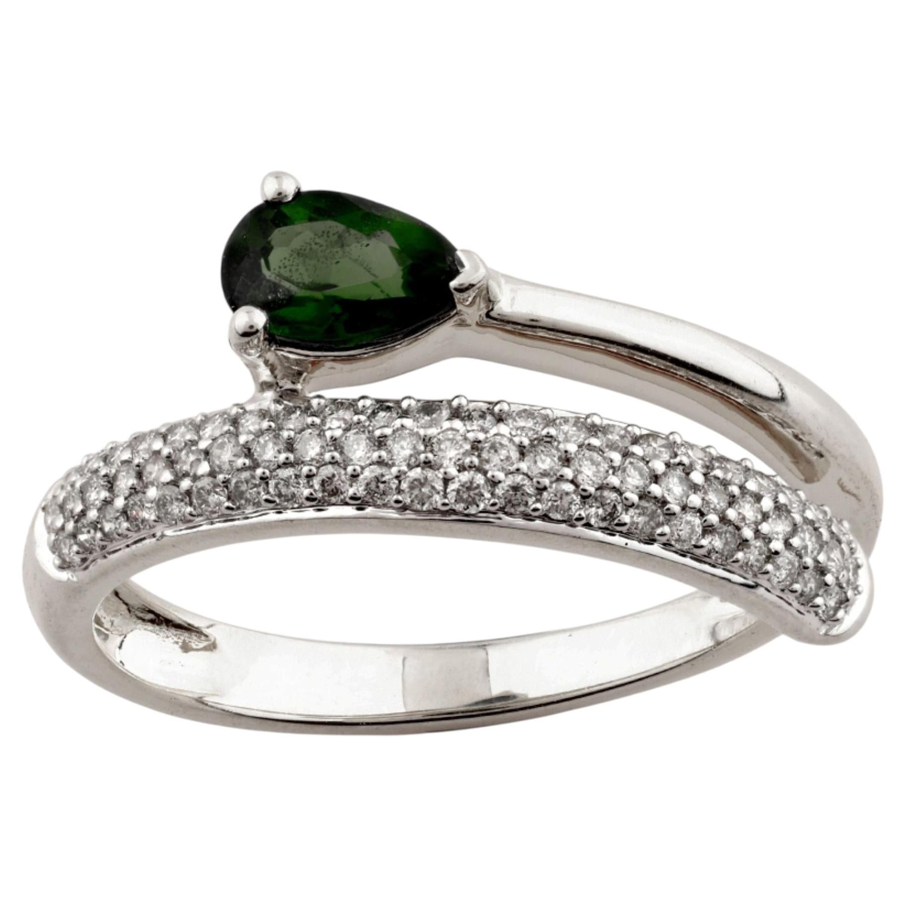 14K White Gold Pear Cut Green Emerald & Round Diamond Bypass Ring For Sale