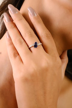 14K White Gold Pear Cut Natural Blue Sapphire & Diamond Bypass Ring Holiday Gift