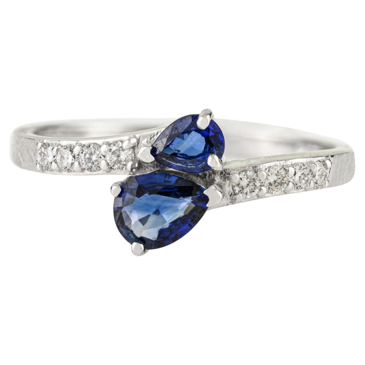 Bague de contournement en or blanc 14K, saphir bleu naturel taille poire et diamant Cadeau de Noël