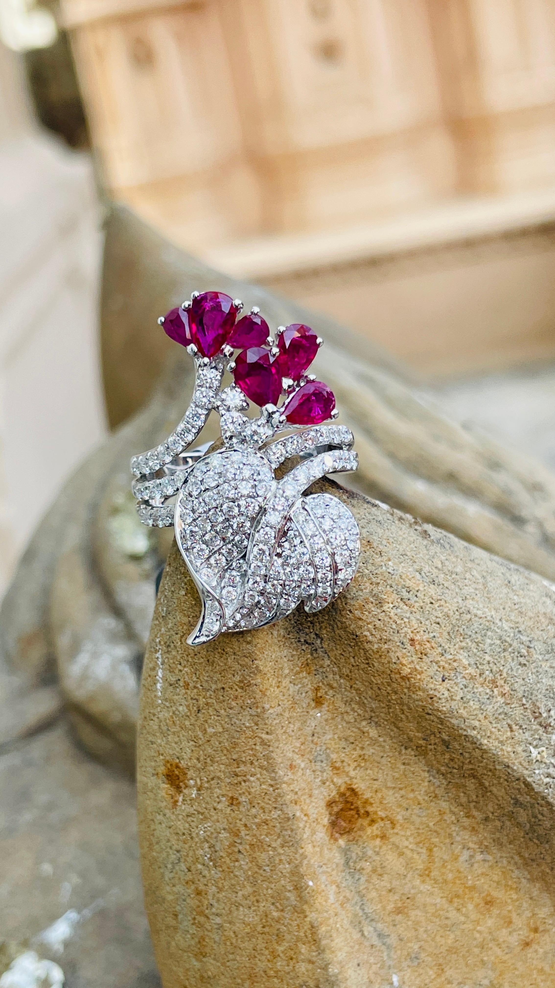 For Sale:  14K White Gold Pear Cut Ruby and Diamond Bridal Ring 2