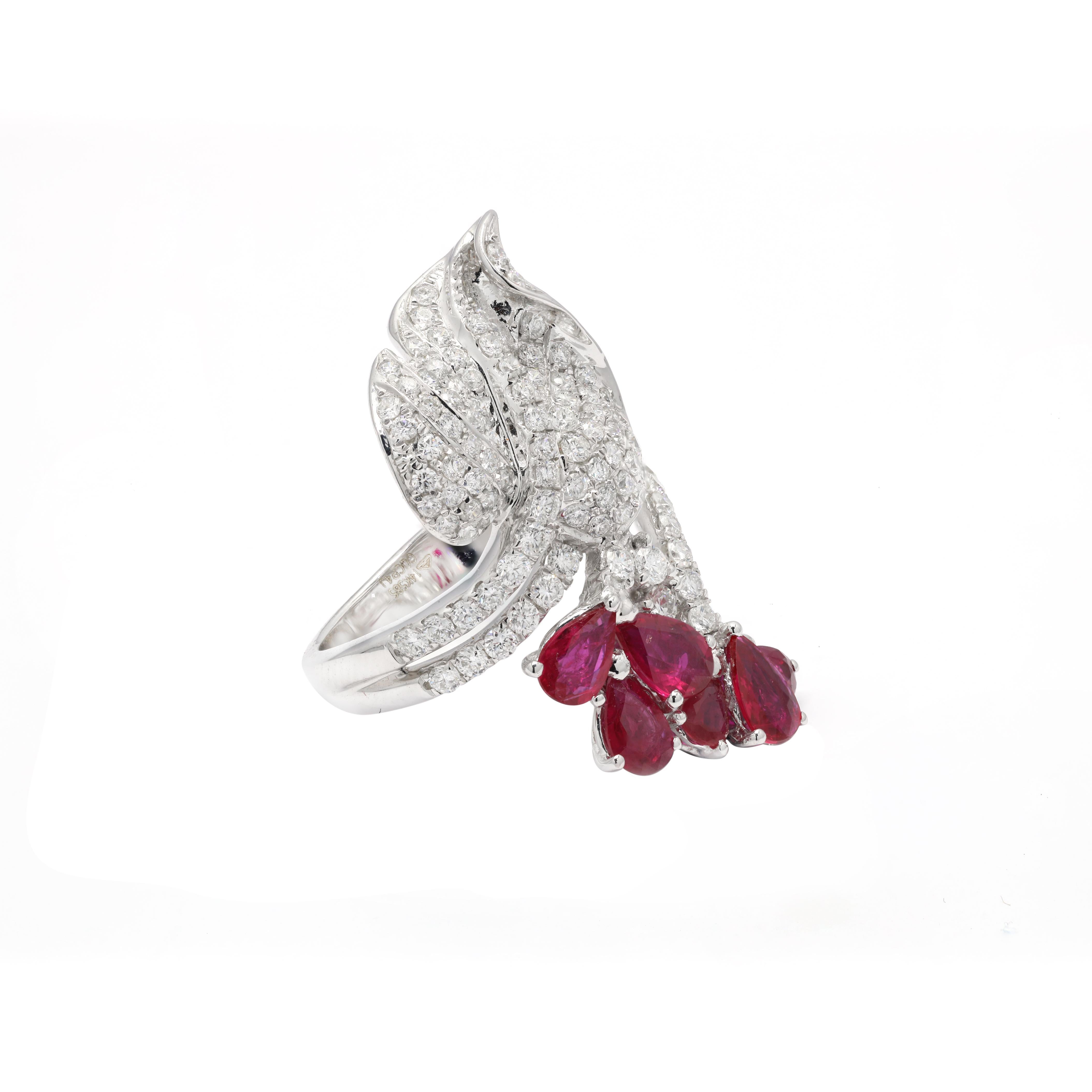 For Sale:  14K White Gold Pear Cut Ruby and Diamond Bridal Ring 4