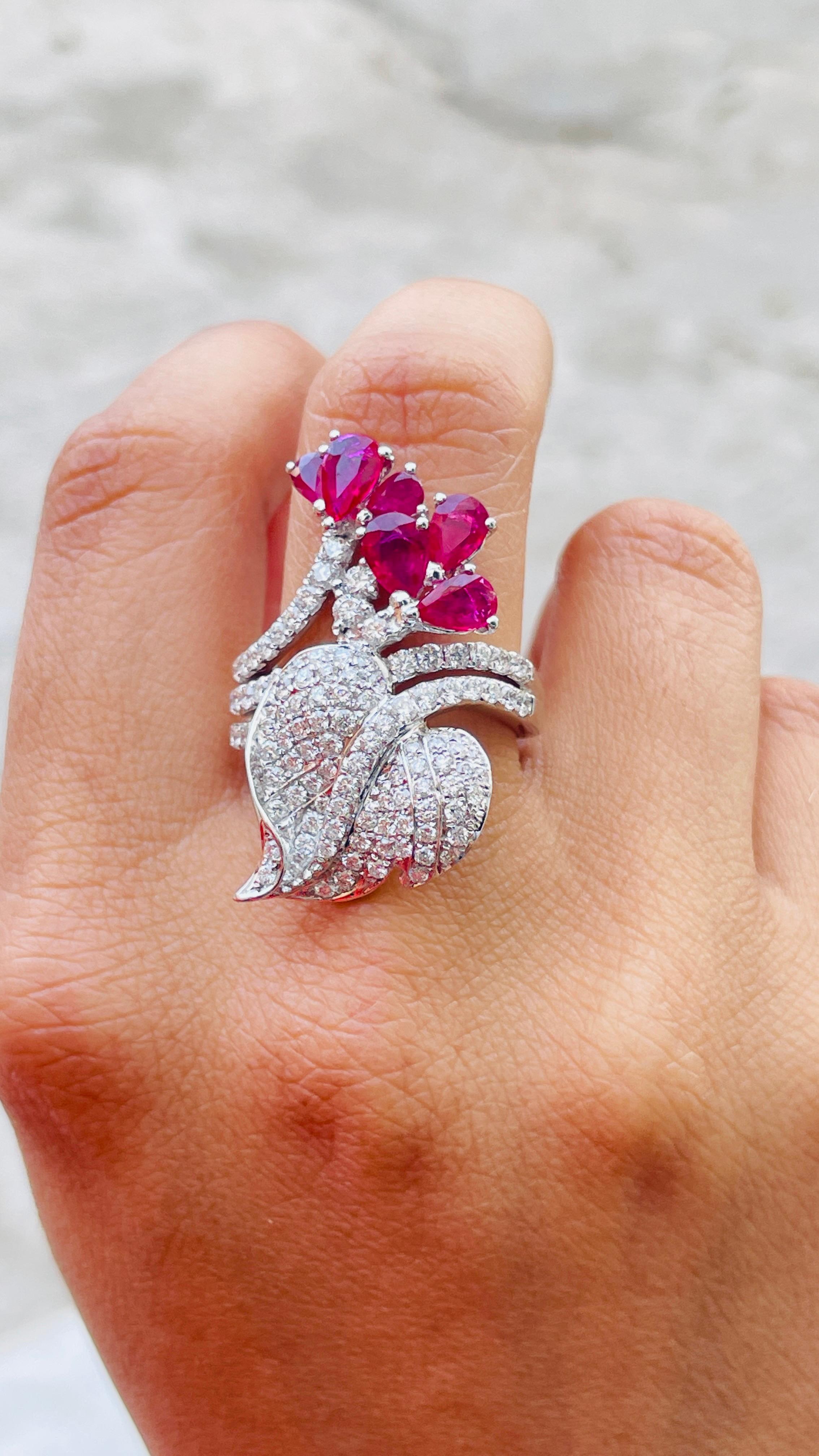 For Sale:  14K White Gold Pear Cut Ruby and Diamond Bridal Ring 5