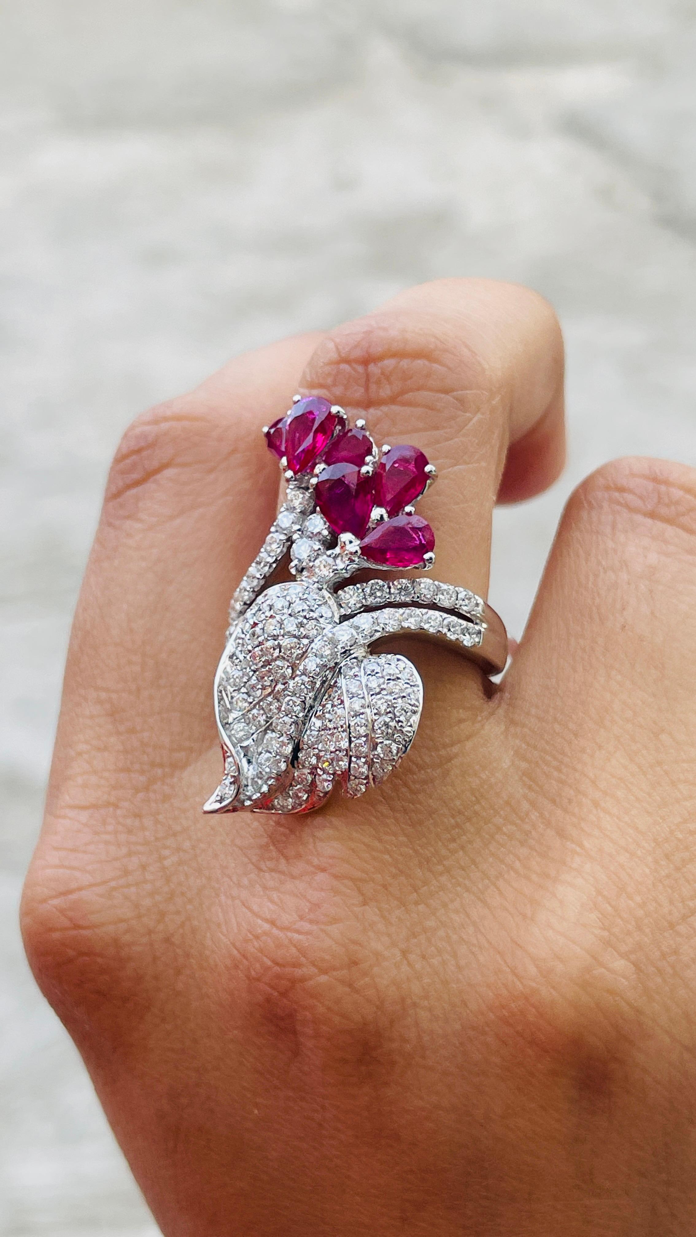 For Sale:  14K White Gold Pear Cut Ruby and Diamond Bridal Ring 7