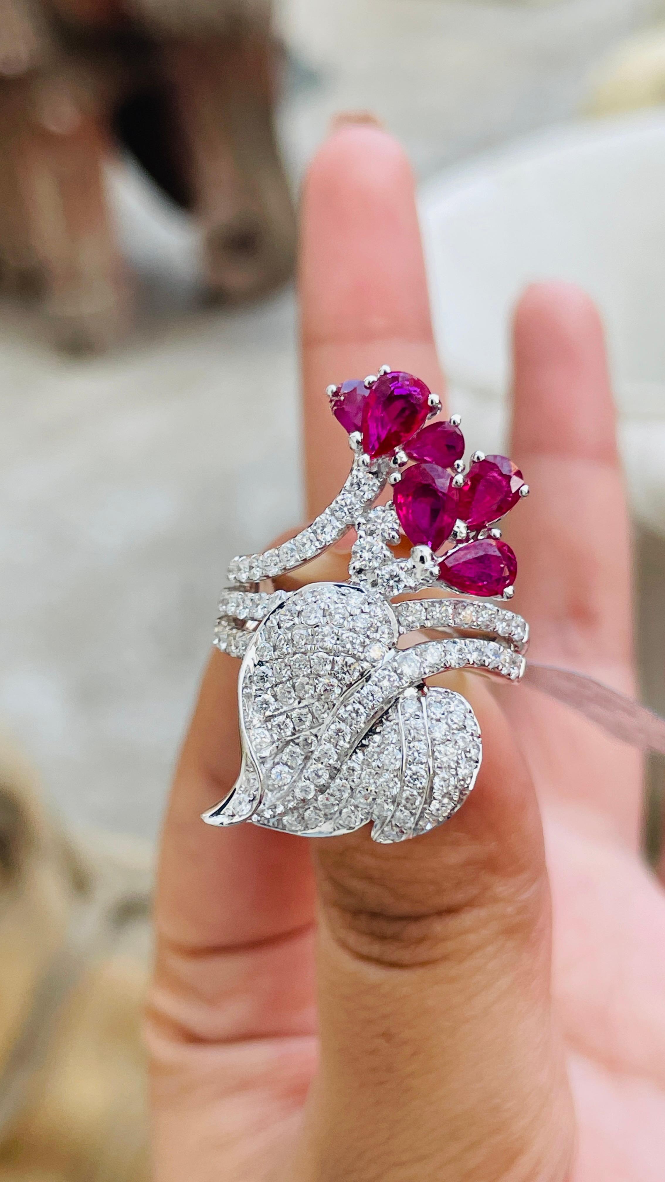 For Sale:  14K White Gold Pear Cut Ruby and Diamond Bridal Ring 8