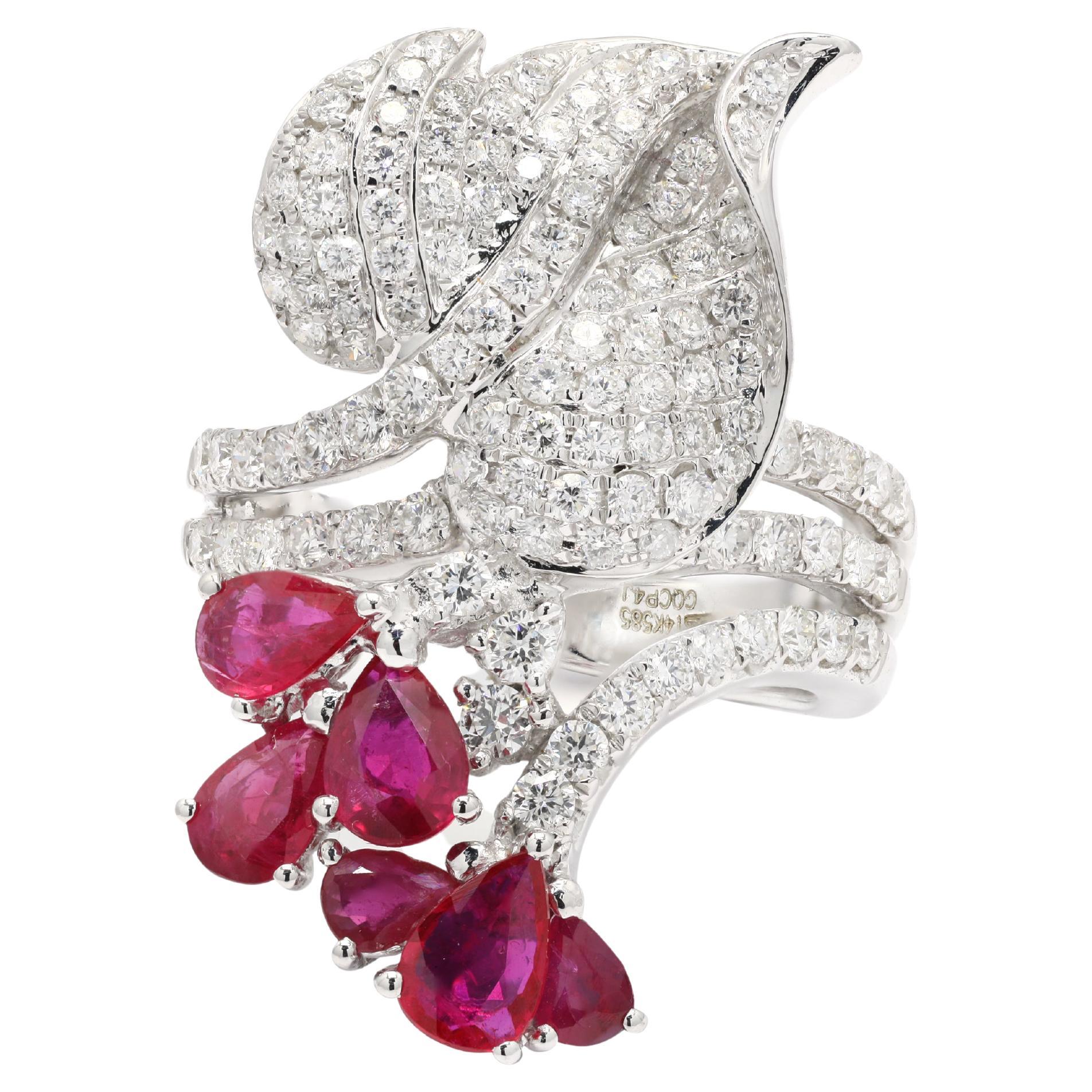 For Sale:  14K White Gold Pear Cut Ruby and Diamond Bridal Ring