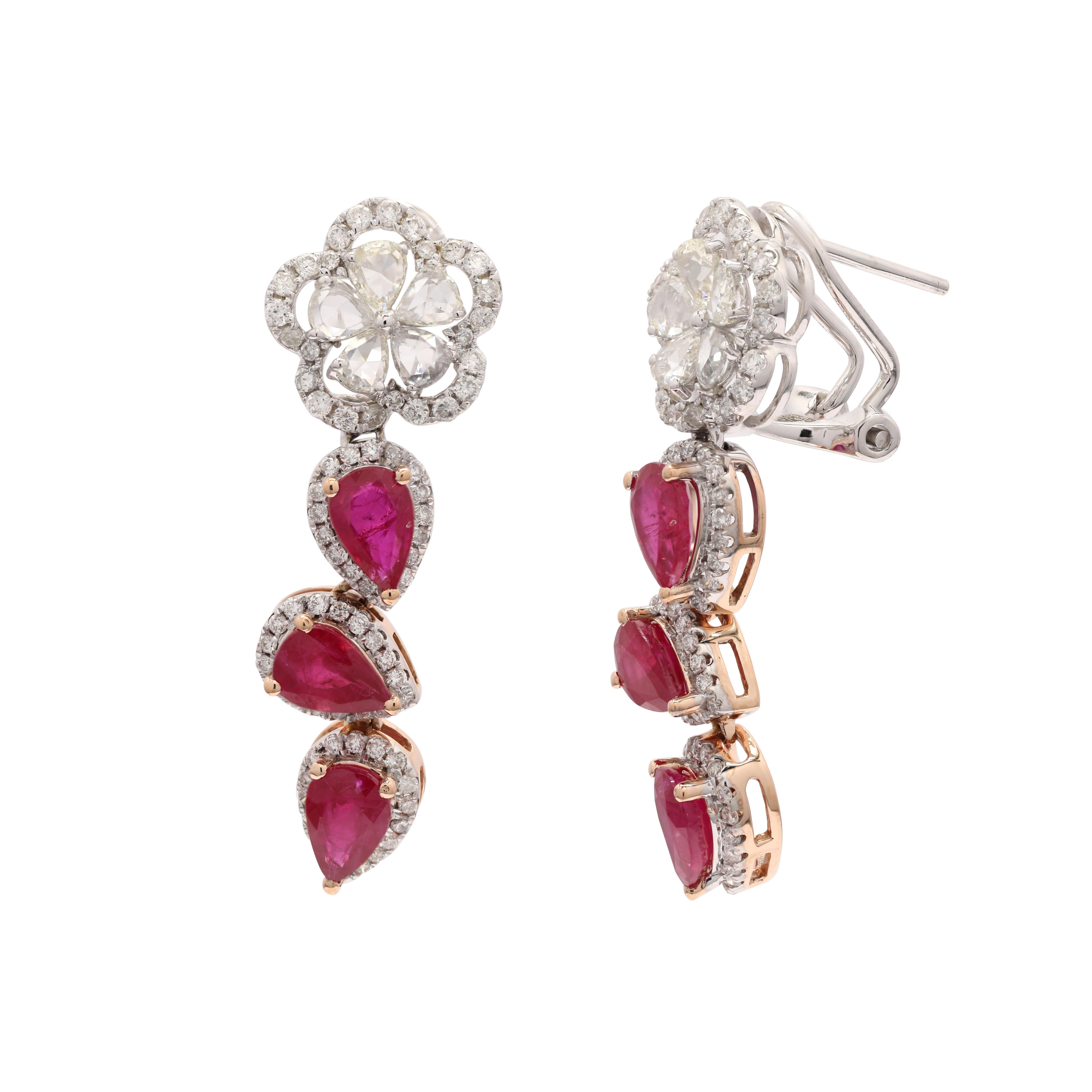 Modern 14K White Gold Pear Cut Ruby Diamond Dangle Earrings with Clip on Lock  For Sale