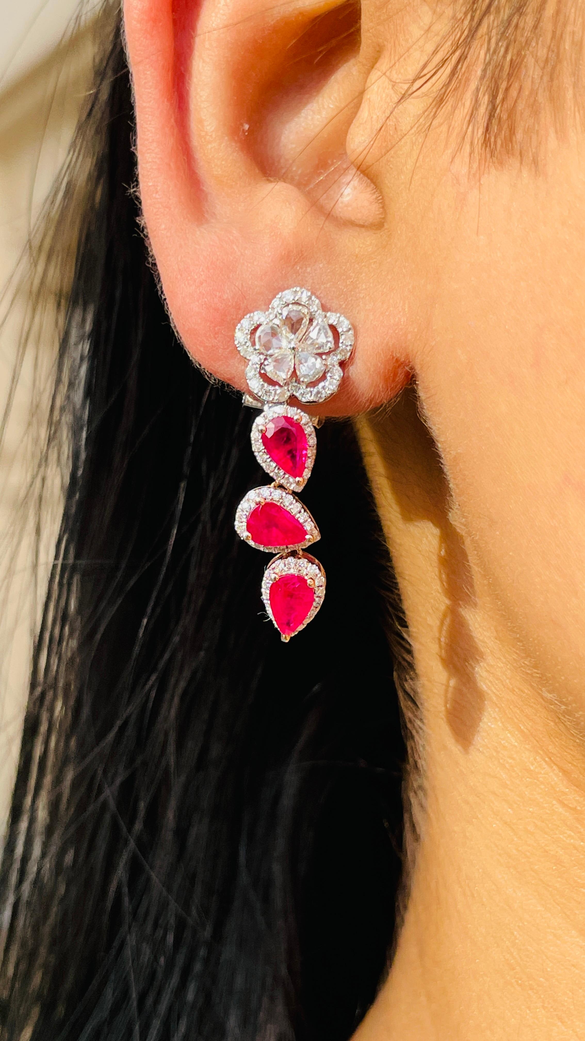14K White Gold Pear Cut Ruby Diamond Dangle Earrings with Clip on Lock  In New Condition For Sale In Houston, TX