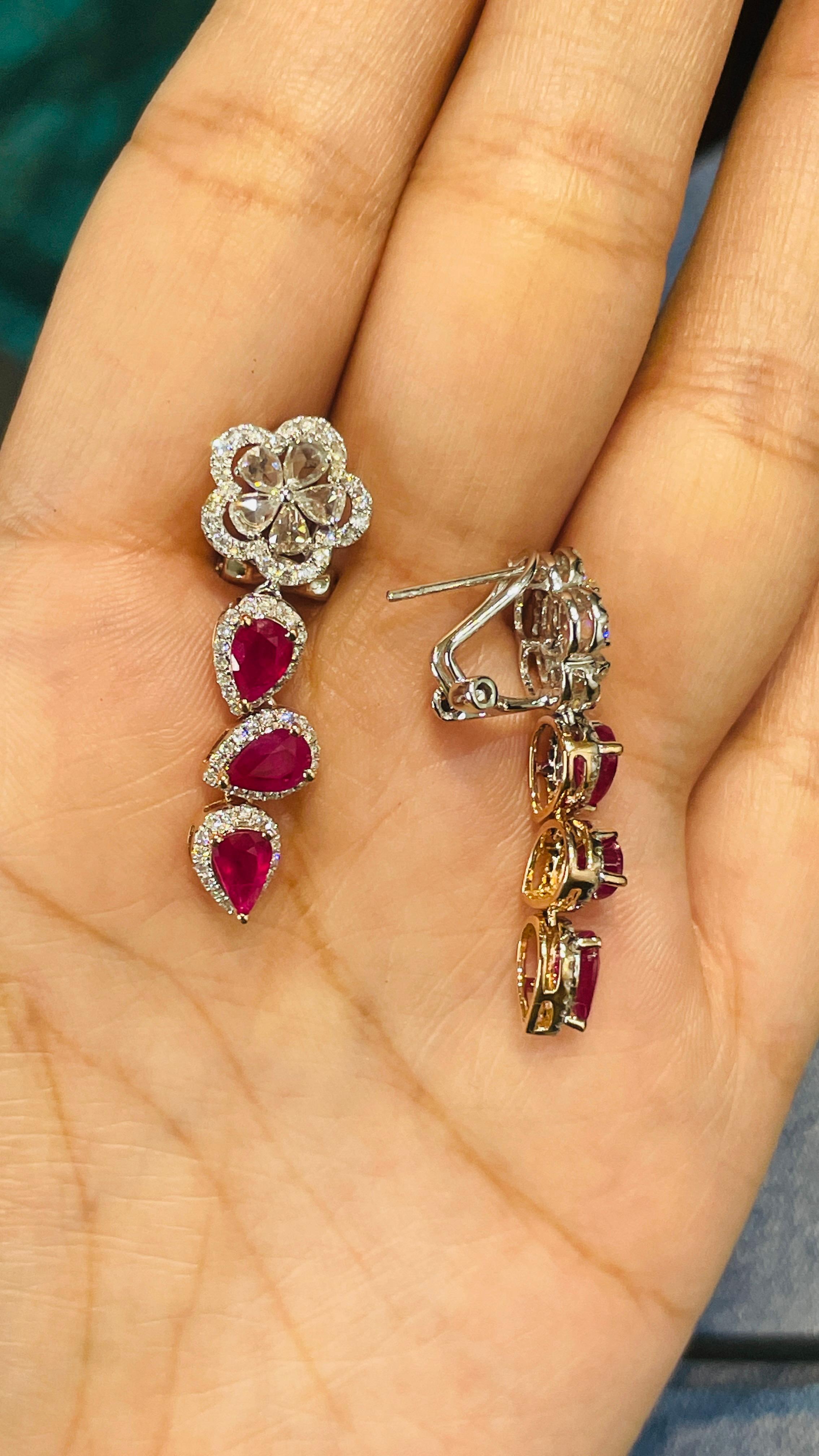 Women's 14K White Gold Pear Cut Ruby Diamond Dangle Earrings with Clip on Lock  For Sale