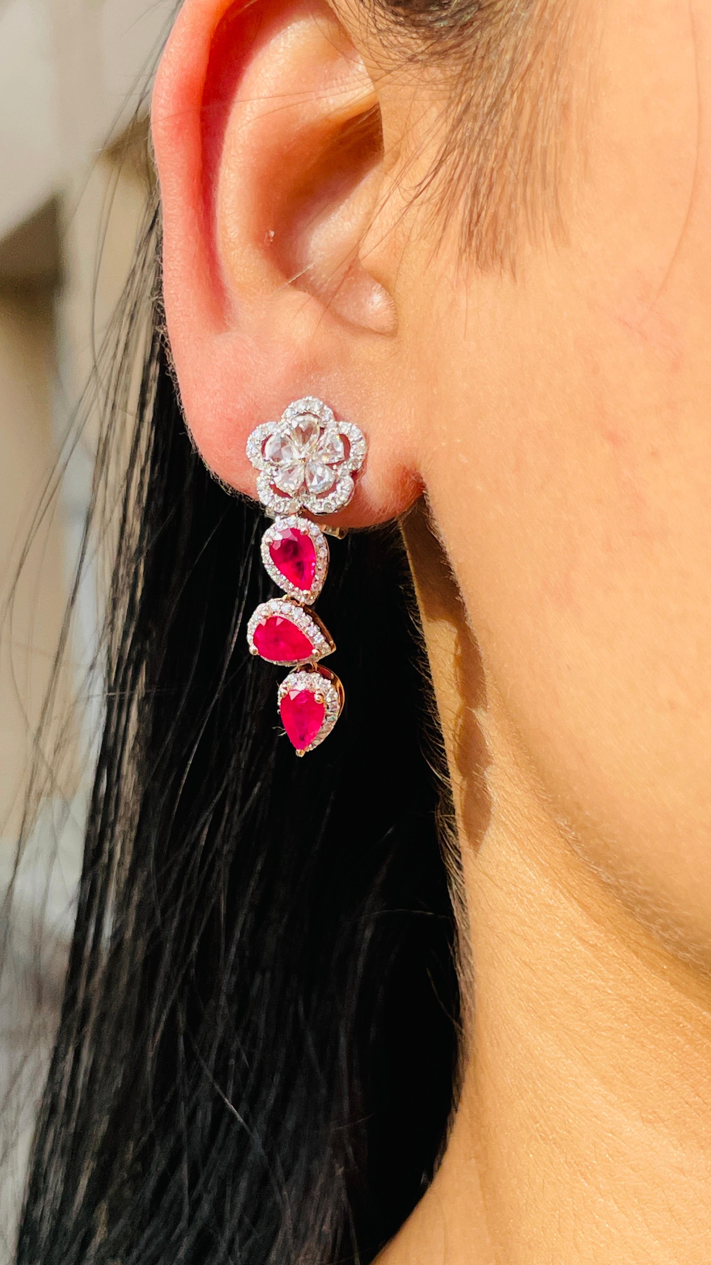 14K White Gold Pear Cut Ruby Diamond Dangle Earrings with Clip on Lock  For Sale 1