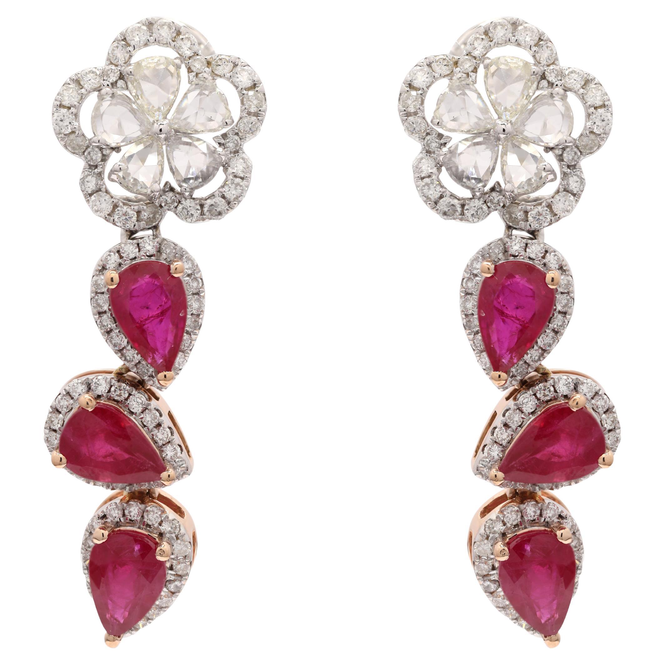 14K White Gold Pear Cut Ruby Diamond Dangle Earrings with Clip on Lock 