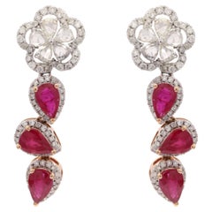 14K White Gold Pear Cut Ruby Diamond Dangle Earrings with Clip on Lock 