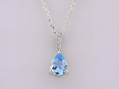 14K White Gold Pear Cut Swiss Blue Topaz and Diamond Drop Pendant Necklace