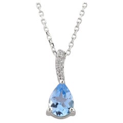 14K White Gold Pear Cut Swiss Blue Topaz and Diamond Drop Pendant Necklace