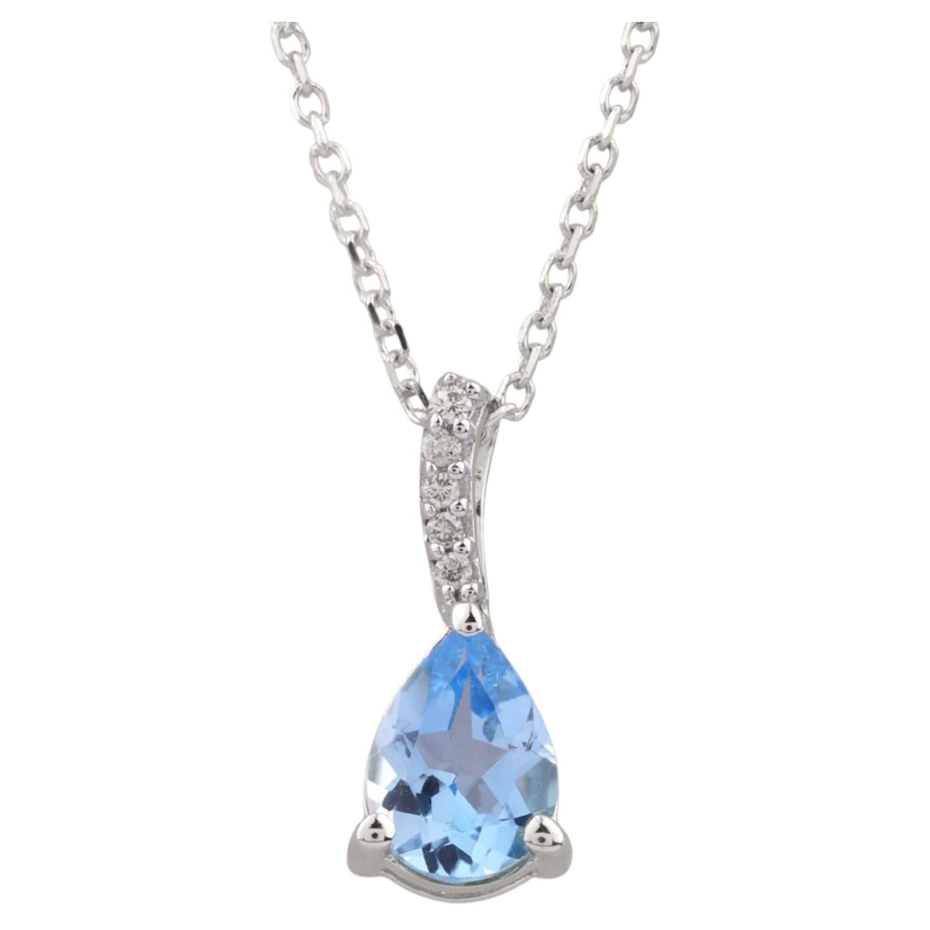 14K White Gold Pear Cut Swiss Blue Topaz and Diamond Drop Pendant Necklace