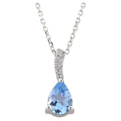 Collar Colgante Gota Topacio Azul Suizo Corte Pera y Diamante Oro Blanco 14K