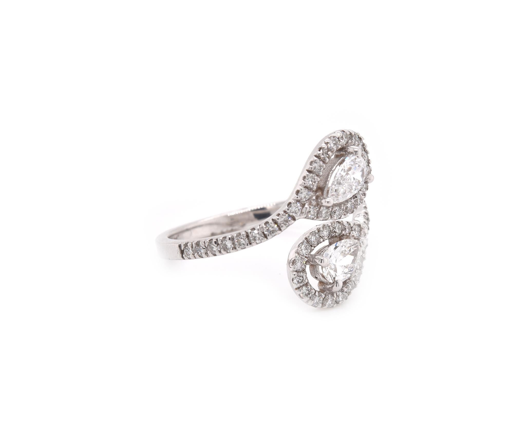Material: 14k white gold
Pear Diamonds: 2 pear cut diamonds = 0.48cttw
Color: G
Clarity: SI1
Accent Diamonds: round brilliant cuts = 0.38cttw
Ring size: 7 ½ (please allow two additional shipping days for sizing requests)
Dimensions: ring measures