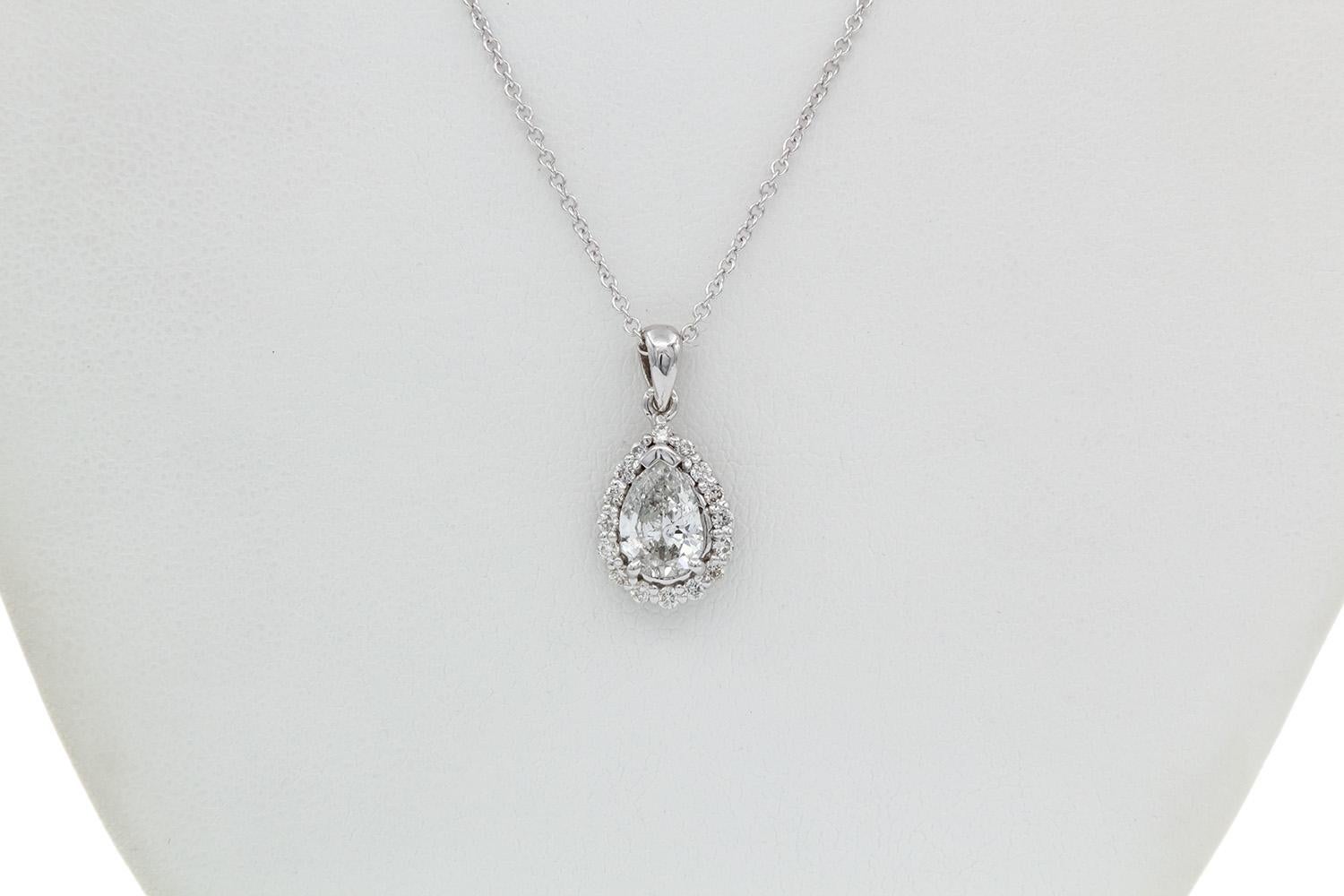 14k White Gold & Pear Diamond Halo Pendant Necklace 1.17ct For Sale 1