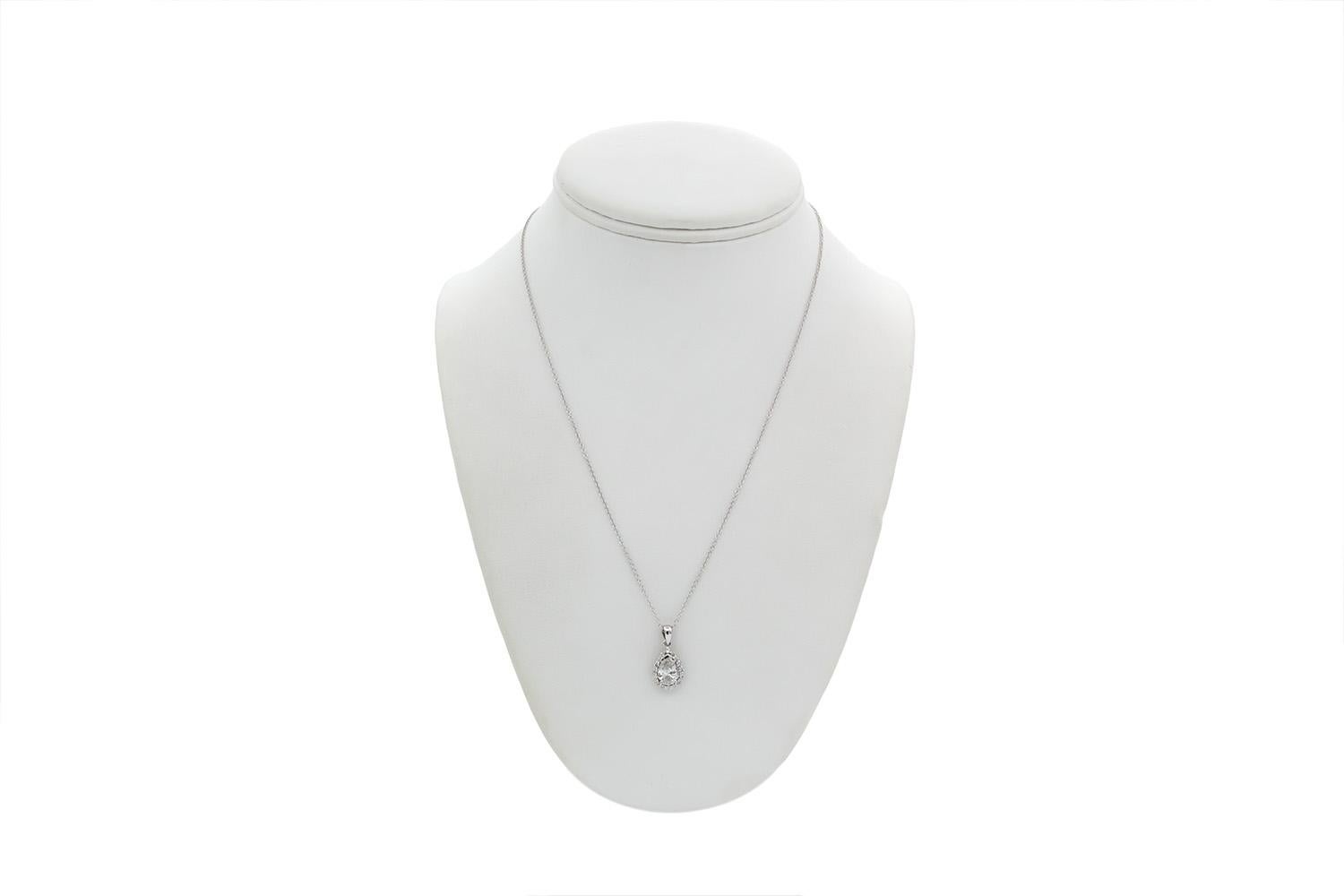 14k White Gold & Pear Diamond Halo Pendant Necklace 1.17ct In New Condition For Sale In Tustin, CA