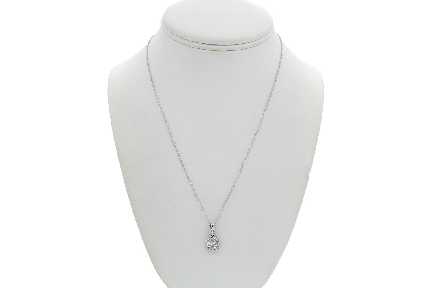 Women's 14k White Gold & Pear Diamond Halo Pendant Necklace 1.17ct For Sale