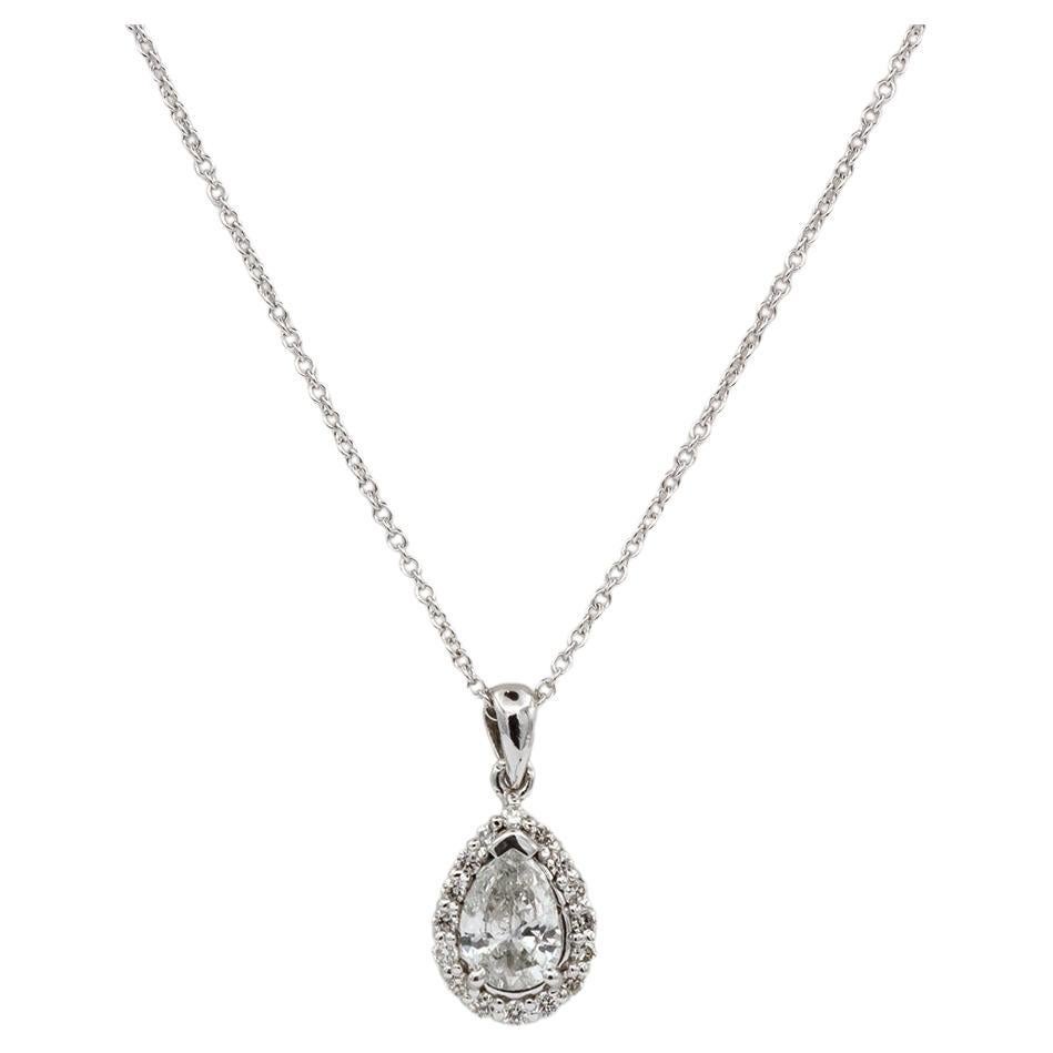 14k White Gold & Pear Diamond Halo Pendant Necklace 1.17ct For Sale
