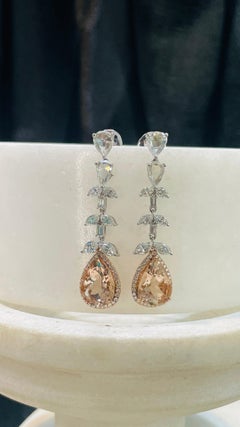14K White Gold Pear Drop Cut Gemstone Dangle Earrings with Diamonds