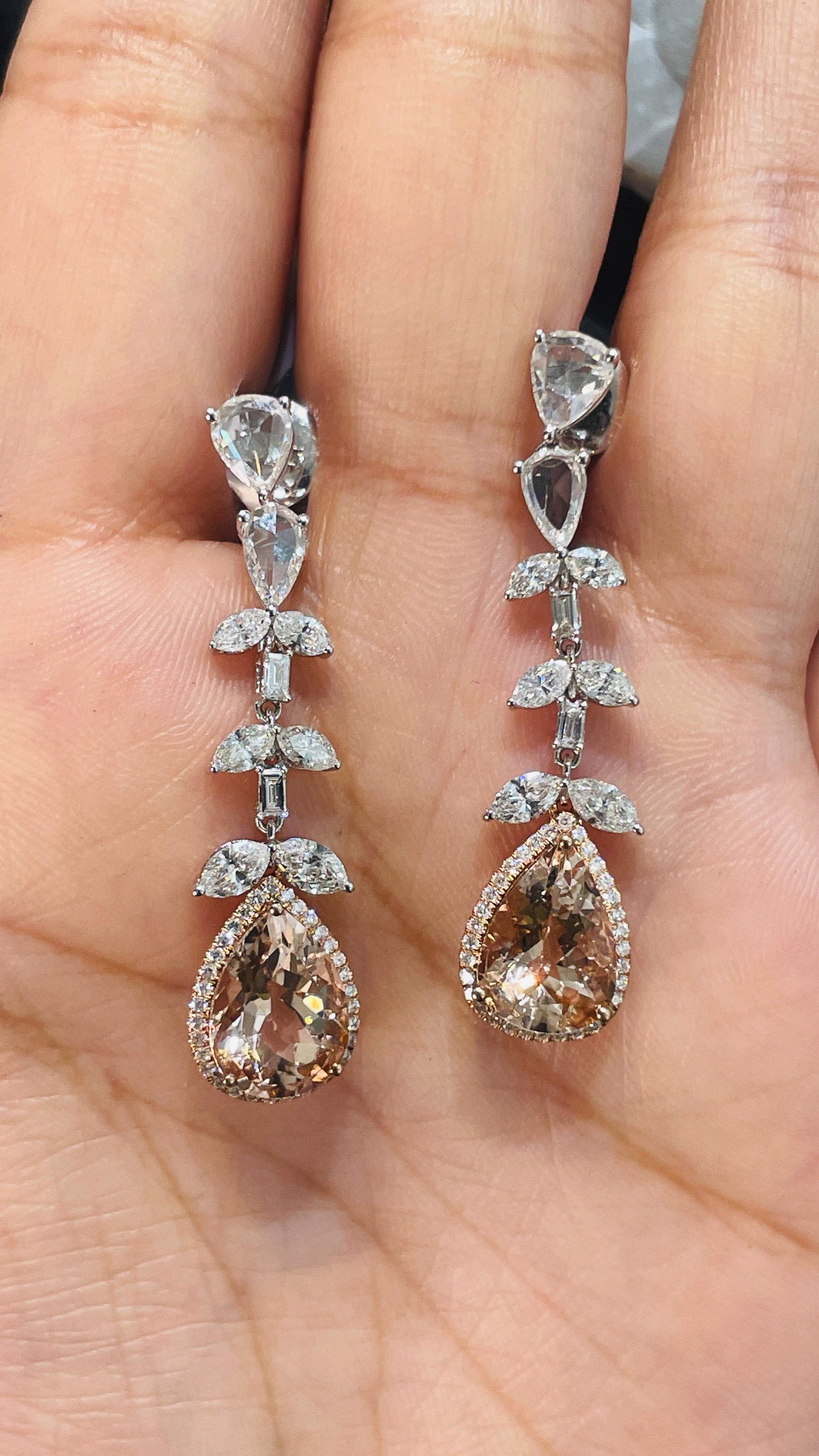 14K White Gold Pear Drop Cut Gemstone Dangle Earrings with Diamonds In New Condition For Sale In Houston, TX